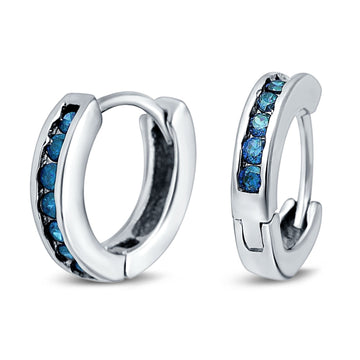 Eternity Huggie Hoop Earrings Channel Round Simulated Blue Topaz CZ 925 Sterling Silver